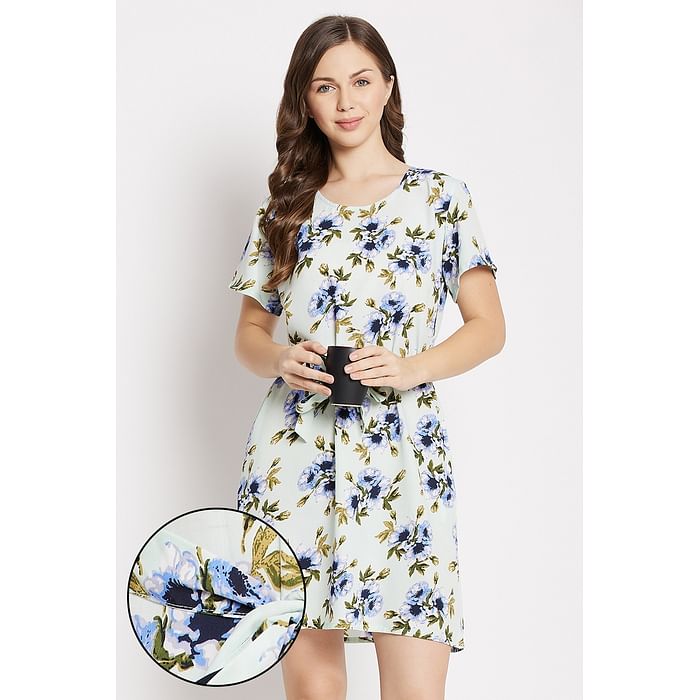 

Clovia Pretty Florals Short Night Dress in Mint Green - Crepe - NS1335P11, Light green
