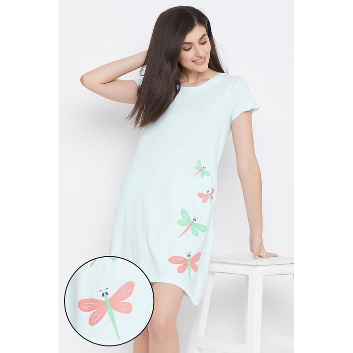 

Clovia Dragonfly Print Short Night Dress in Light Green- 100% Cotton - NS1340A03, Light blue