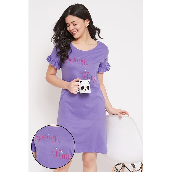 

Clovia Text & Heart Print Short Night Dress in Light Purple - 100% Cotton - NS1340A12, Lavender