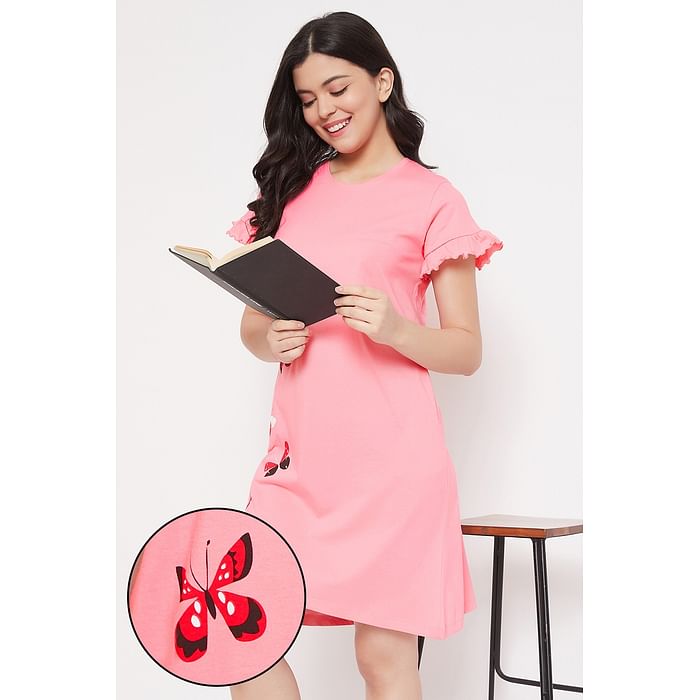 Clovia - Clovia Butterfly Print Short Night Dress in Peach Pink – 100% Cotton – NS1340A22