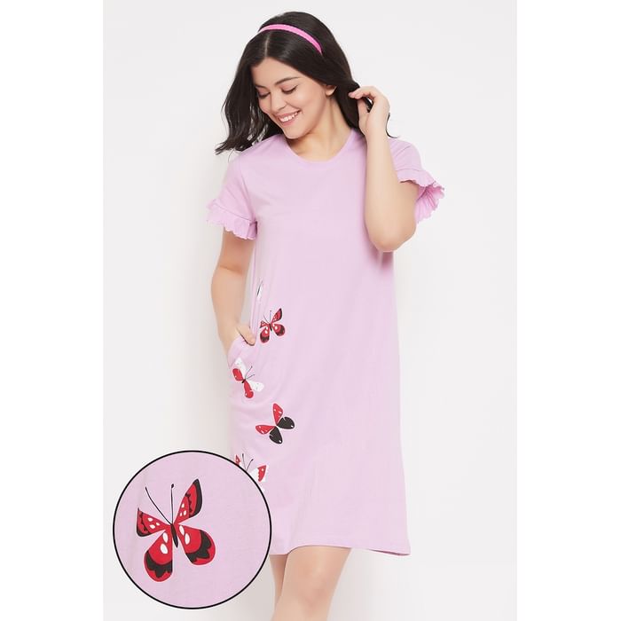 

Clovia Butterfly Print Sleep Tee in Lilac - 100% Cotton - NS1340D12, Lavender