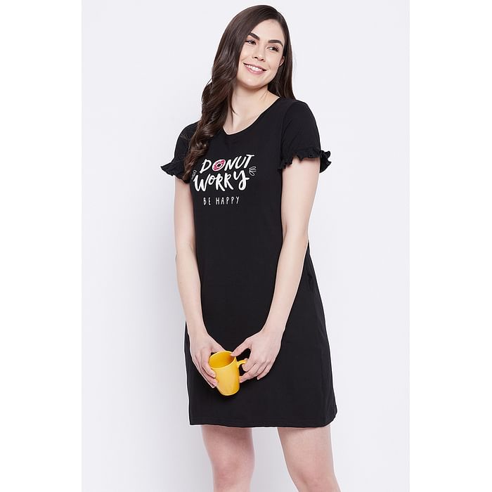

Clovia Donut Text Print Short Night Dress in Black - 100% Cotton - NS1340D13