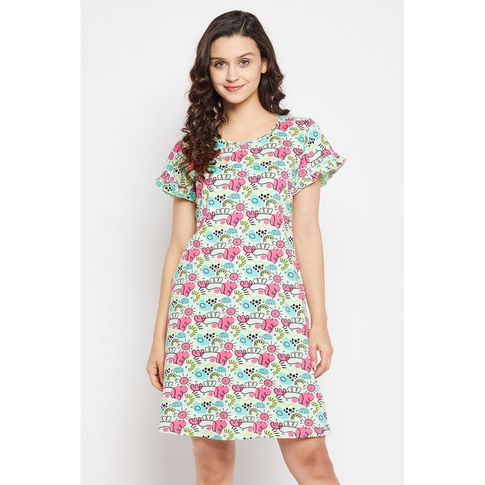 

Clovia Print Me Pretty Short Night Dress in Baby Blue - 100% Cotton - NS1340F03, Light blue