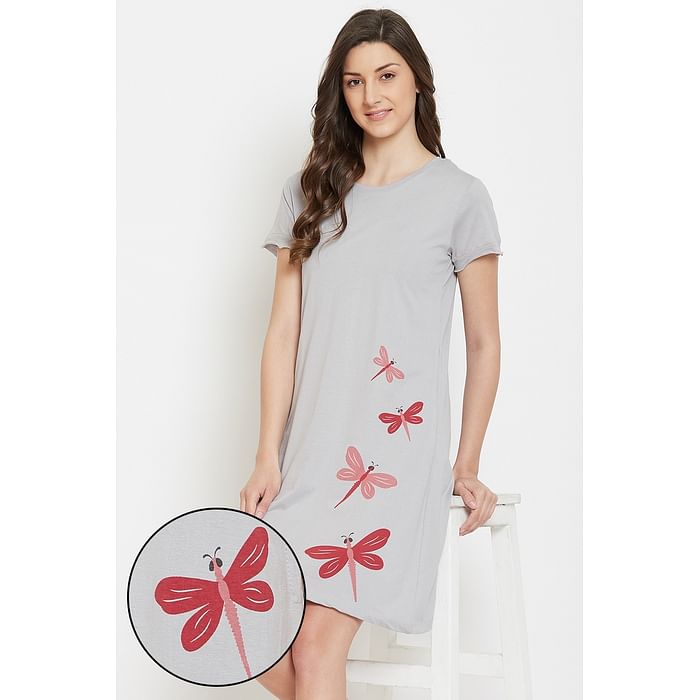 

Clovia Fly Print Short Nightdress in Grey- 100% Cotton - NS1340P01, Light grey