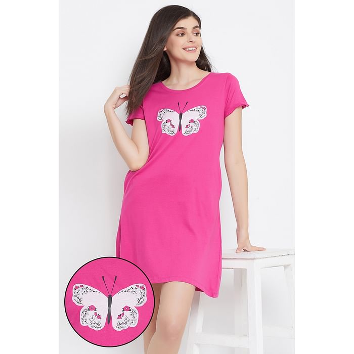

Clovia Butterfly Print Sleep Tee in Magenta - 100% Cotton - NS1340P14, Pink