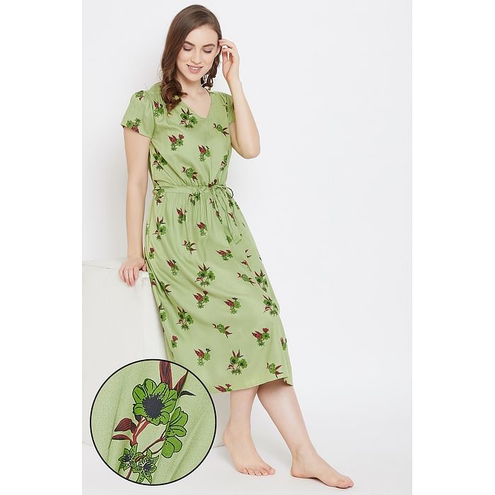 

Clovia Pretty Florals Mid-Length Night Dress in Mint Green - Rayon - NS1341P11, Light green