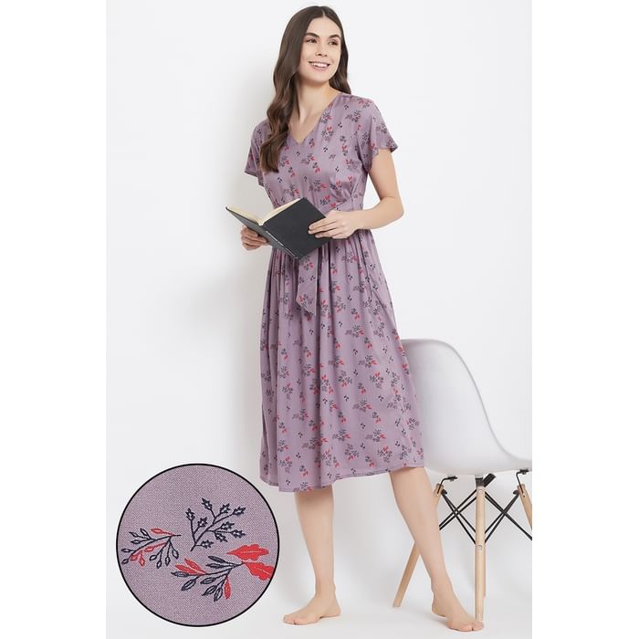 

Clovia Pretty Florals Mid Length Night Dress in Mauve - Rayon - NS1342P15, Purple