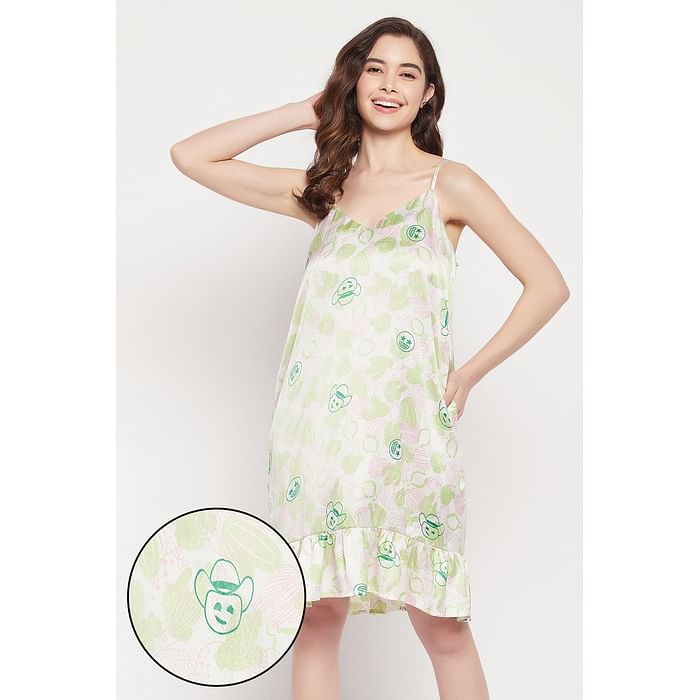 

Clovia Cactus & Emoji Print Short Night Dress in White - Satin - NS1346F18