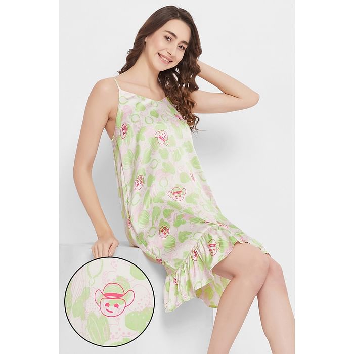 

Clovia Cactus & Emoji Print Short Night Dress in White - Satin - NS1346G18