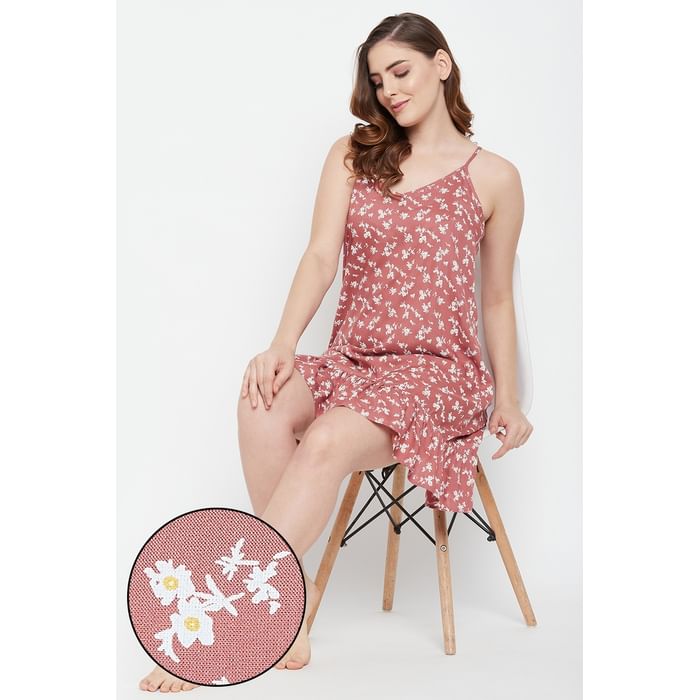 

Clovia Pretty Florals Short Night Dress in Brown - Rayon - NS1346P06