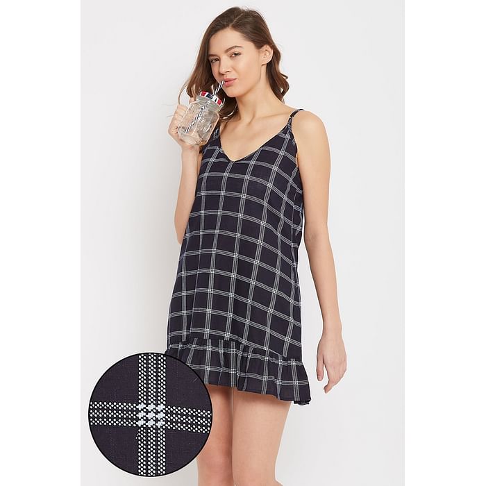 

Clovia Classic Checks Babydoll in Navy - 100% Cotton - NS1346P08