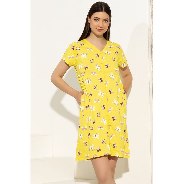 

Clovia Butterfly Print Button Me Up Short Night Dress in Yellow - 100% Cotton - NS1348A02, Light yellow