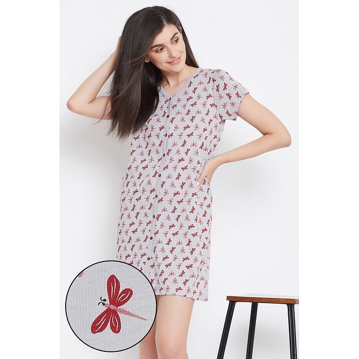 

Clovia Fly Print Night Dress in Sea Green- Rayon - NS1348P01, Light grey
