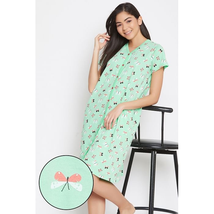 

Clovia Button Me Up Butterfly Print Sleep Tee in Mint Green - 100% Cotton - NS1348P11, Light green