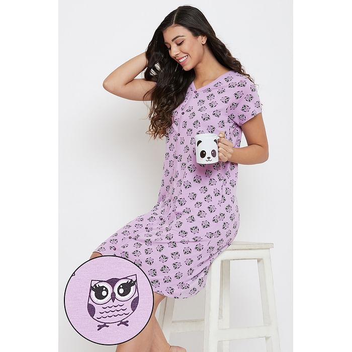 

Clovia Owl Print Short Night Dress in Lilac - 100% Cotton - NS1348P12, Lavender