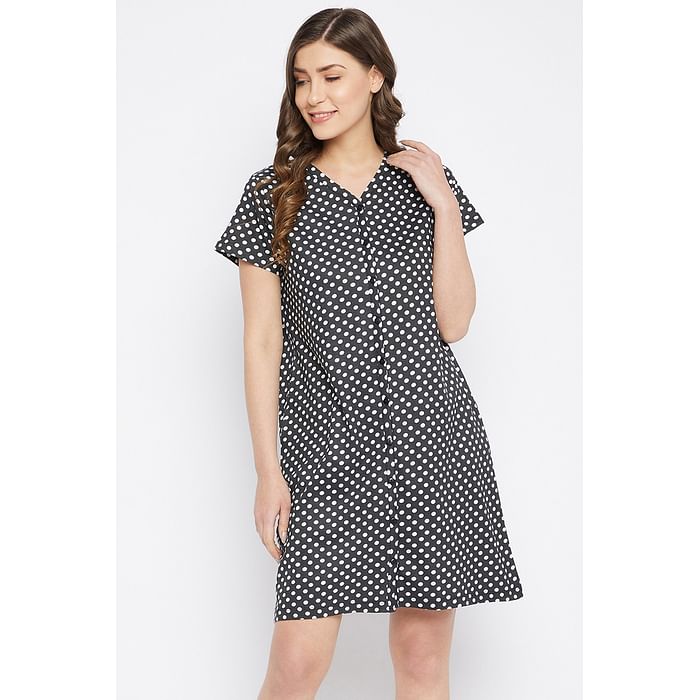 

Clovia Polka Print Button Me Up Short Night Dress in Black - 100% Cotton - NS1348P13