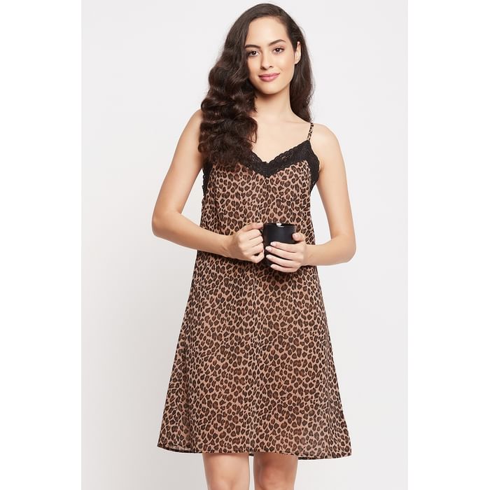 

Clovia Animal Print Babydoll in Light Brown - Georgette - NS1350P24, Nude-colour