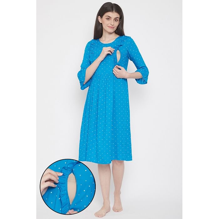 

Clovia Feeding Polka Print Short Night Dress in Light Blue - Rayon - NS1352A03