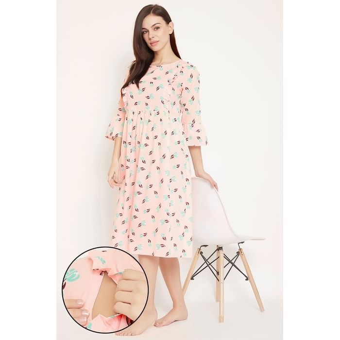 

Clovia Feeding Print Me Pretty Mid Length Night Dress in Peach Pink -100% Cotton - NS1352P22, Light pink