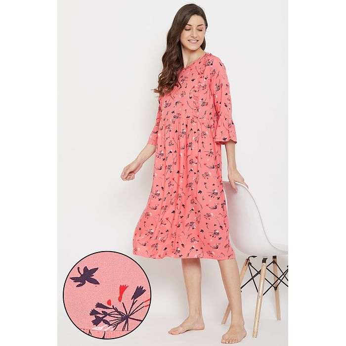 

Clovia Feeding Pretty Florals Mid Length Maternity Nightdress in Pink- Cotton Rich - NS1352R22, Light pink