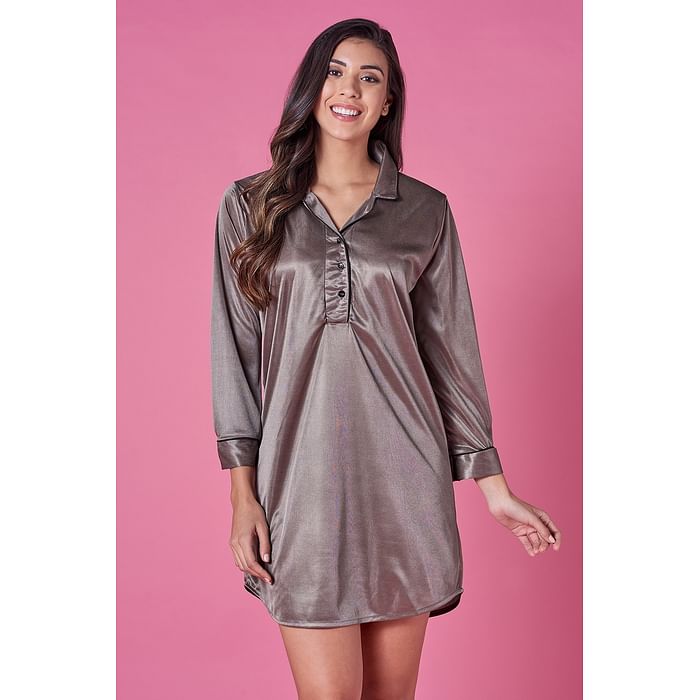 

Clovia Button Me Up Sleep Shirt in Brown - Satin - NS1356P06