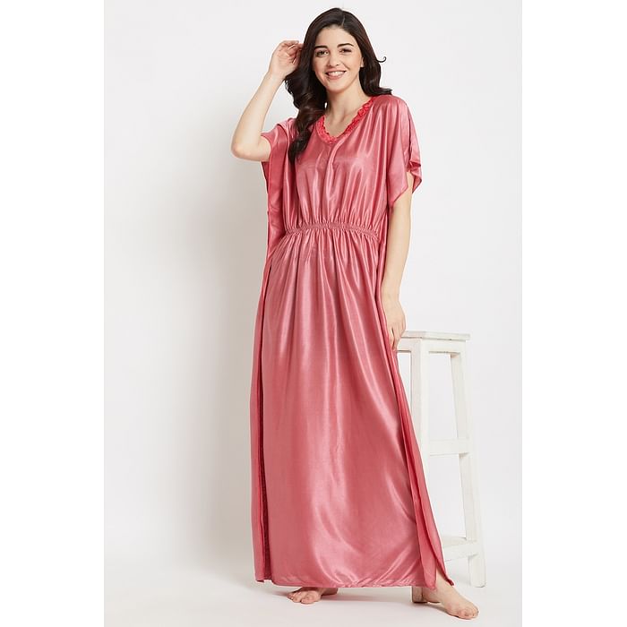 

Clovia Chic Basic Kaftan Night Dress in Peach Pink - Satin - NS1357P22, Light pink
