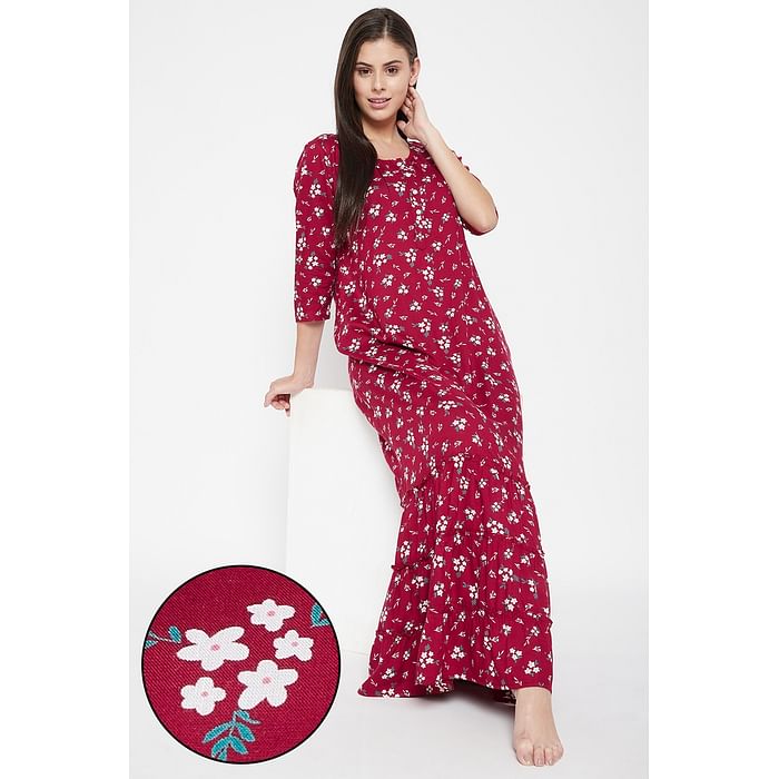 

Clovia Pretty Florals Long Nighty in Maroon - Cotton Rich - NS1359P09