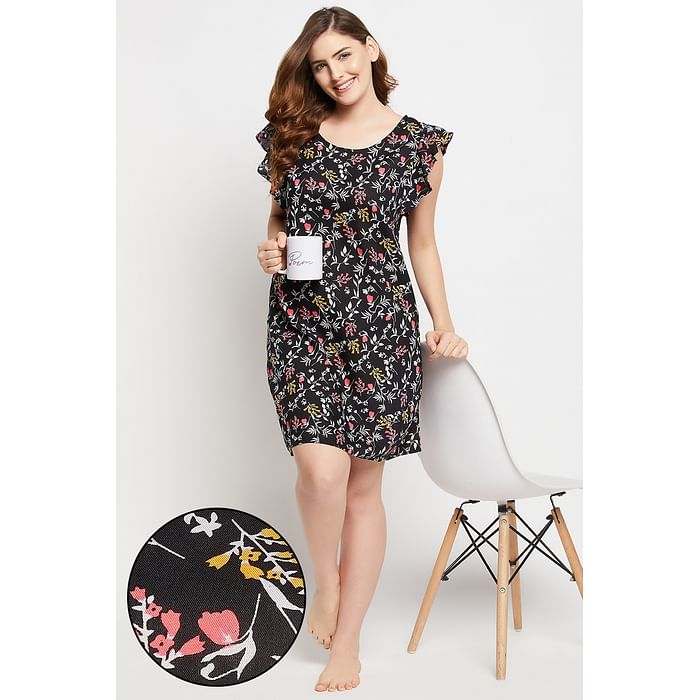 

Clovia Pretty Florals Short Night Dress in Black - Rayon - NS1361P13