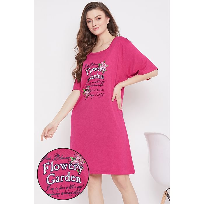 

Clovia Text Print Short Night Dress in Pinkish Purple - 100% Cotton - NS1364P15