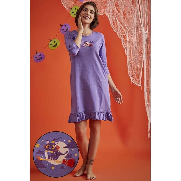 

Clovia Halloween Print Short Night Dress in Lilac - 100% Cotton - NS1365A12, Lavender