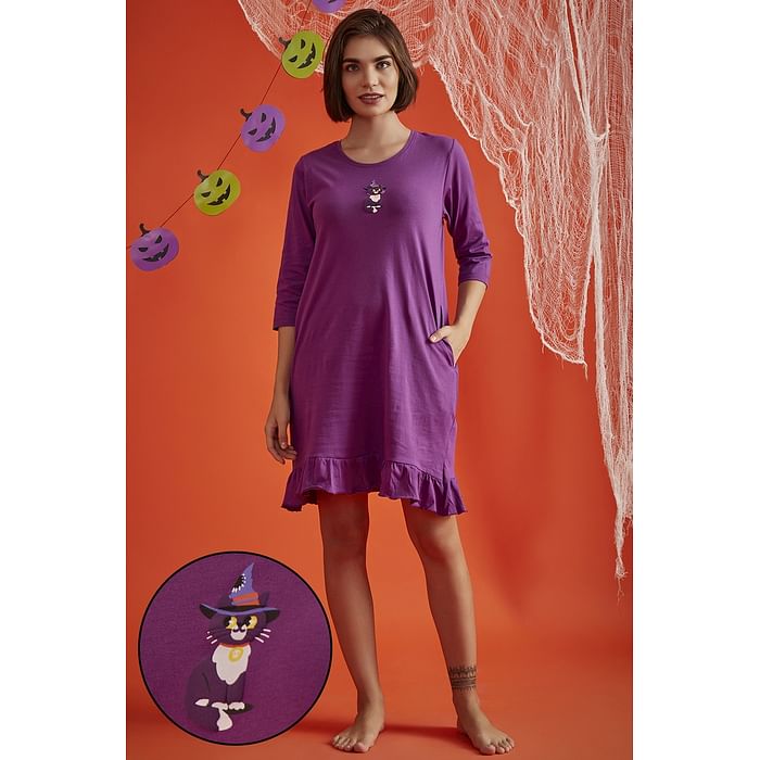 

Clovia Halloween Print Short Night Dress in Purple - 100% Cotton - NS1365A15