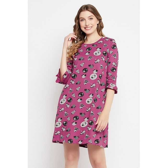

Clovia Sheep Print Short Night Dress in Mauve - 100% Cotton - NS1365D15
