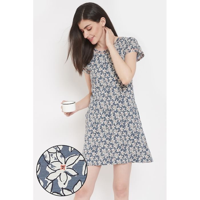 

Clovia Pretty Florals Short Night Dress in Grey - Cotton Rich - NS1366P08, Navy
