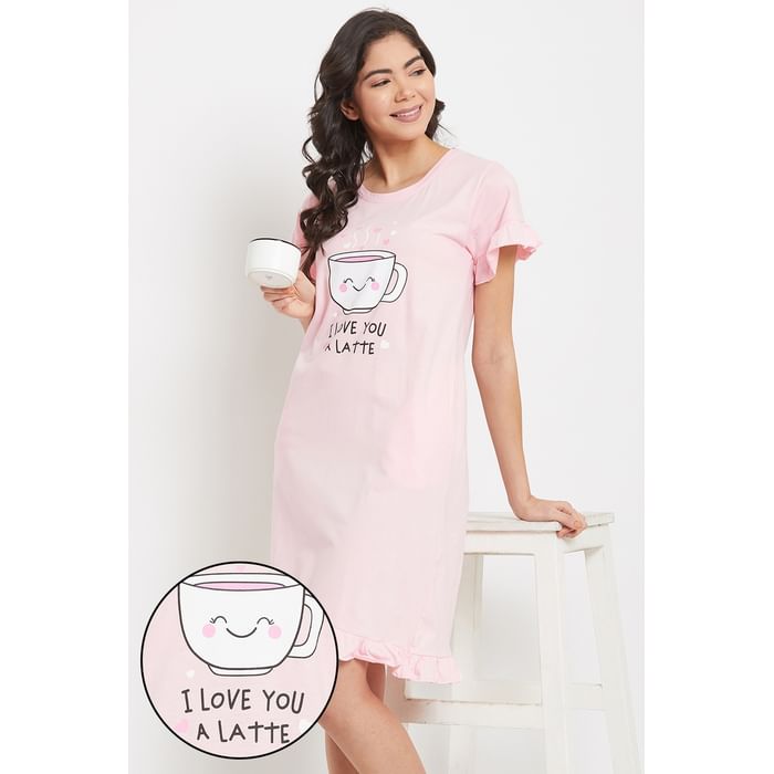 

Clovia Cup & Text Print Short Night Dress in Baby Pink - 100% Cotton - NS1379P22, Light pink