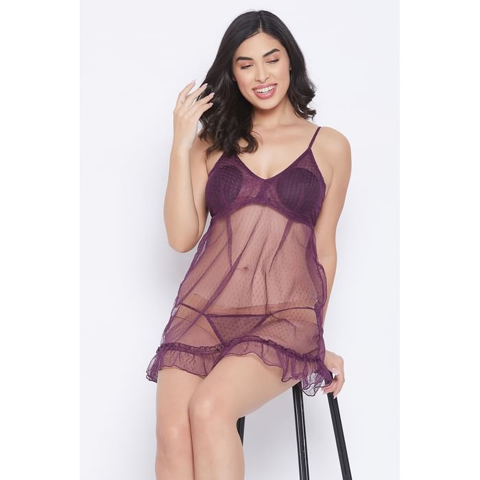 

Clovia Self-Patterned Sheer Babydoll in Purple with Matching Thong - NS1383P15