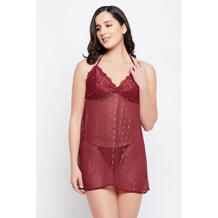 

Clovia Print Me Pretty Sheer Babydoll with Matching G-string in Maroon - Georgette & Lace - NS1384P09