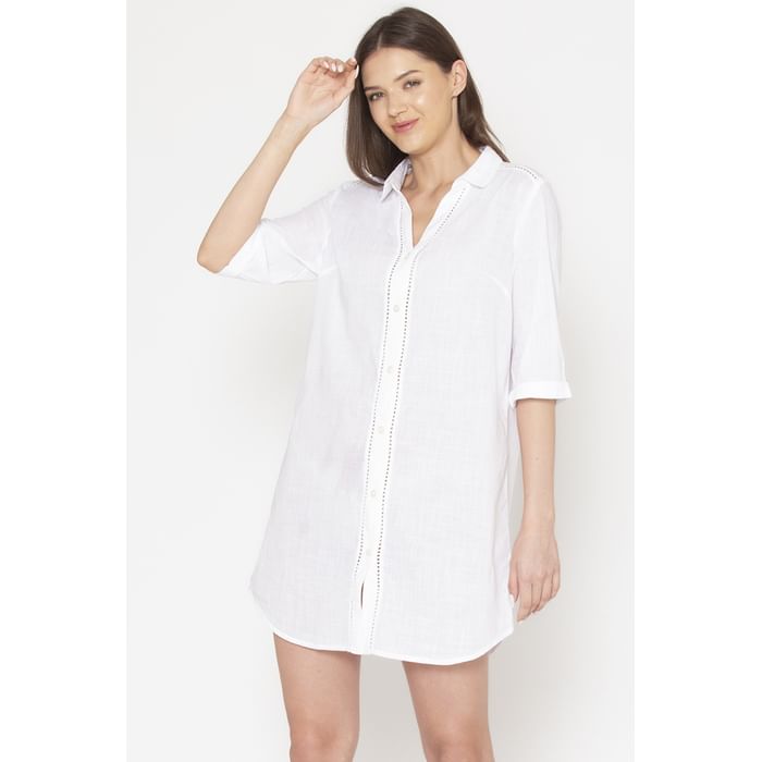 

Clovia Button Me Up Ladder Lace Sleep Shirt - Cotton Linen - NS1392D18, White