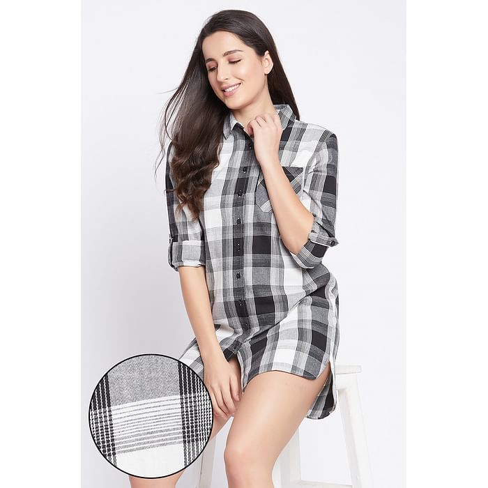 

Clovia Classic Checks Short Night Dress in Black - Cotton - NS1392P13