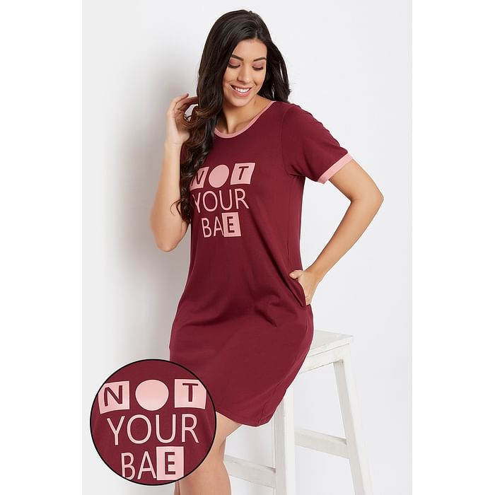 

Clovia Text Print Short Night Dress in Maroon - 100% Cotton - NS1398P09
