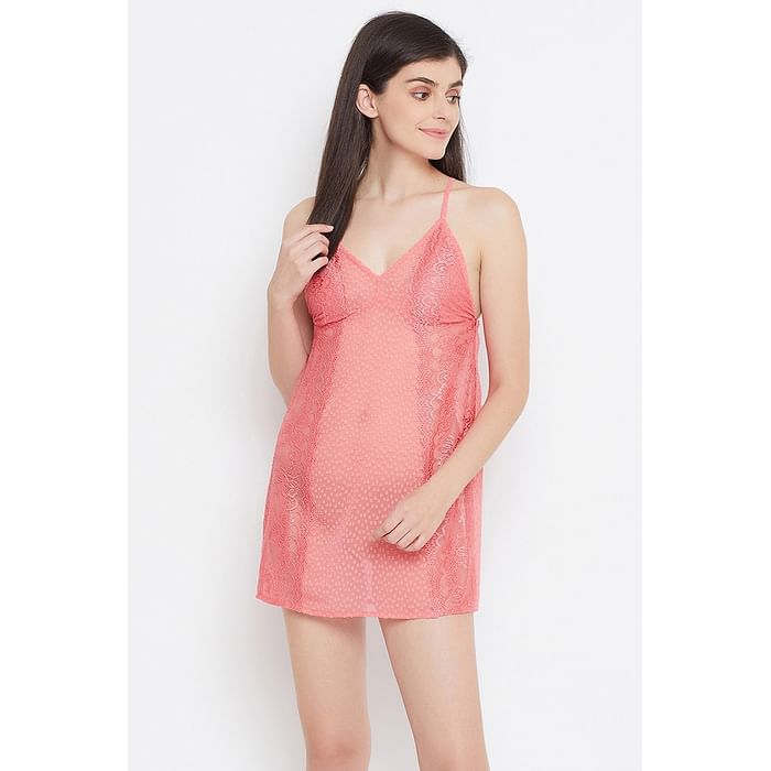 

Clovia Chic Basic Sheer Babydoll with G-string in Peach-Colour - Lace & Georgette - NS1402P22