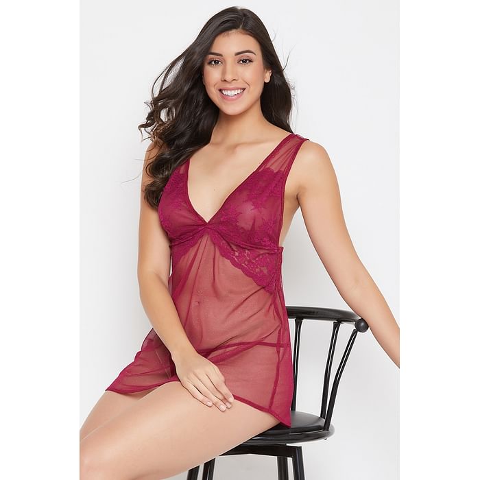 

Clovia Chic Basic Sheer Babydoll in Maroon with Matching Thong - Lace - NS1407P15, Purple