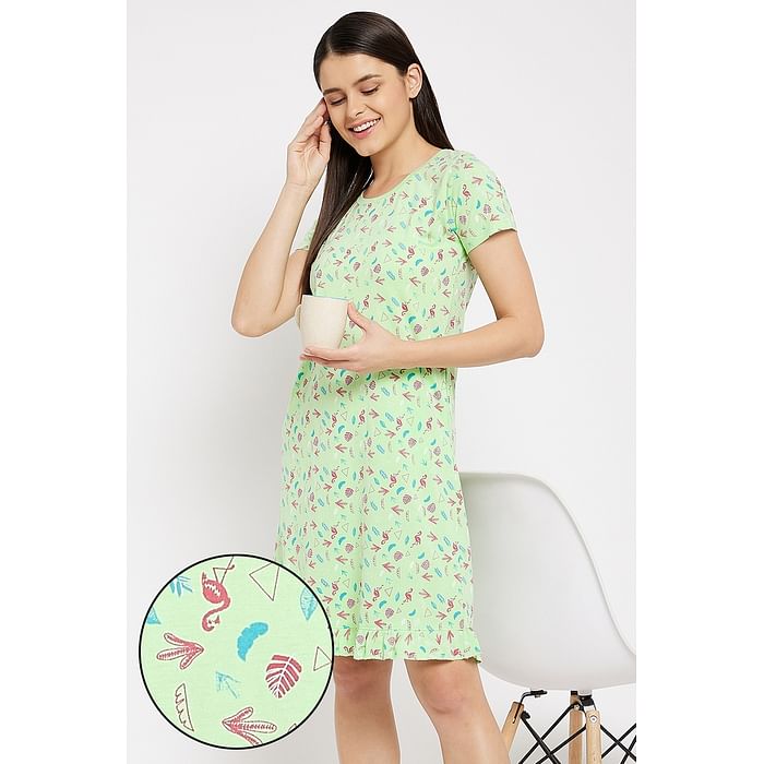 

Clovia Print Me Pretty Short Night Dress in Mint Green - Cotton Rich - NS1416A11, Light green