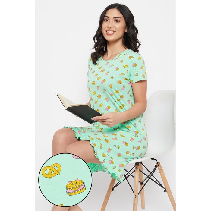 

Clovia Print Me Pretty Short Night Dress in Mint Green - 100% Cotton - NS1416D11, Light green