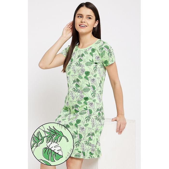 

Clovia Tropical Print Short Night Dress in Mint Green - Cotton Rich - NS1416P11, Light green