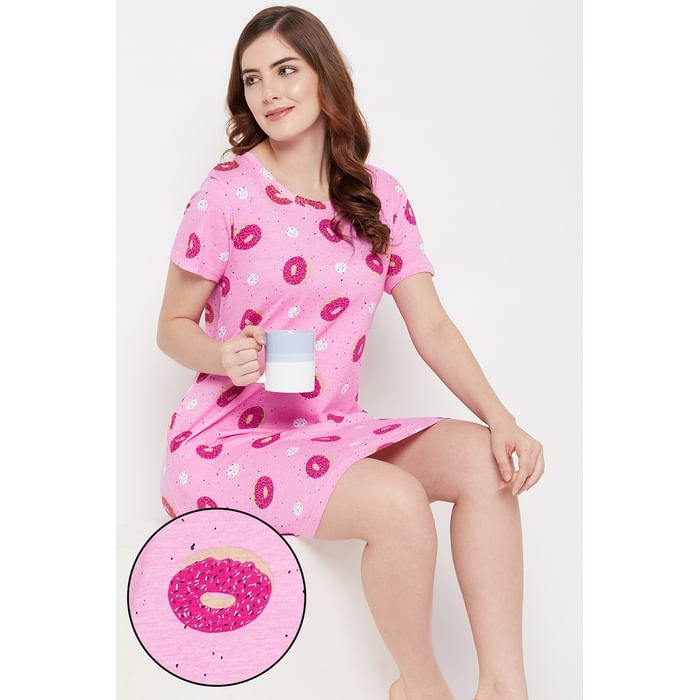 

Clovia Donut Print Short Night Dress in Pink - 100% Cotton - NS1416P22, Light pink