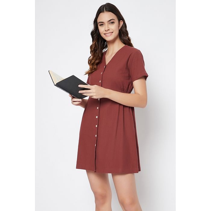 

Clovia Chic Basic Button Me Up Short Night Dress in Brown - 100% Cotton - NS1419P06