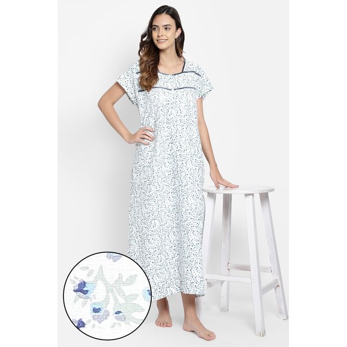 

Clovia Pretty Florals Long Nighty in White - 100% Cotton - NS1424A18