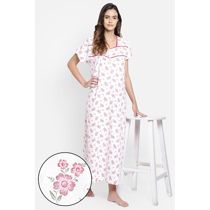 

Clovia Pretty Florals Long Nighty in White - 100% Cotton - NS1424P18