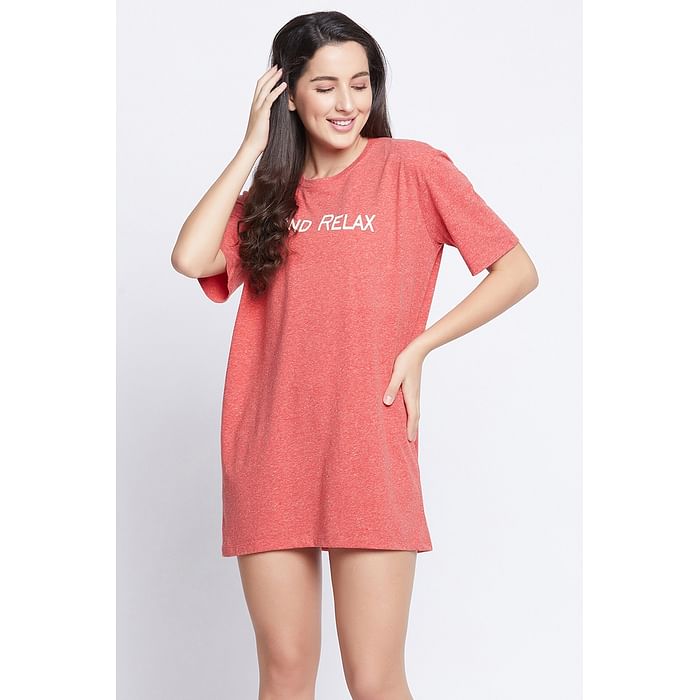 

Clovia Text Print Boyfriend Sleep Tee in Coral Red - Cotton - NS1426P04