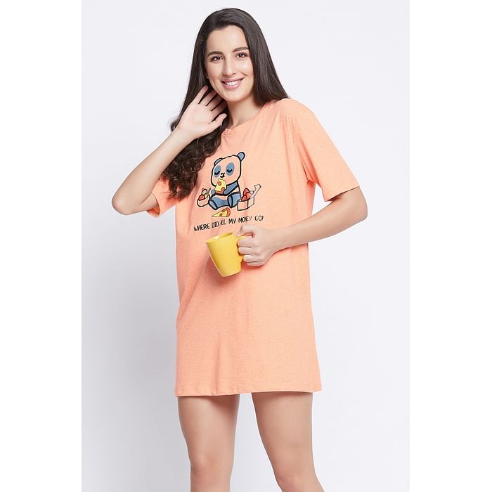 

Clovia Graphic & Text Print Boyfriend Sleep Tee in Peach Colour - Cotton - NS1426P34, Teal